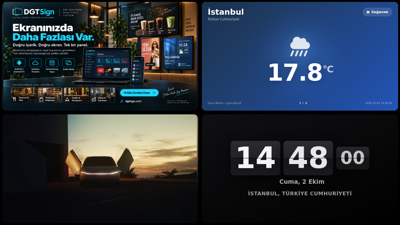 DGTSign canlı demo yayınından bir kare: dört bölgeye ayrılmış ekranda DGTSign tanıtım reklamı, İstanbul hava durumu, video ve dijital saat