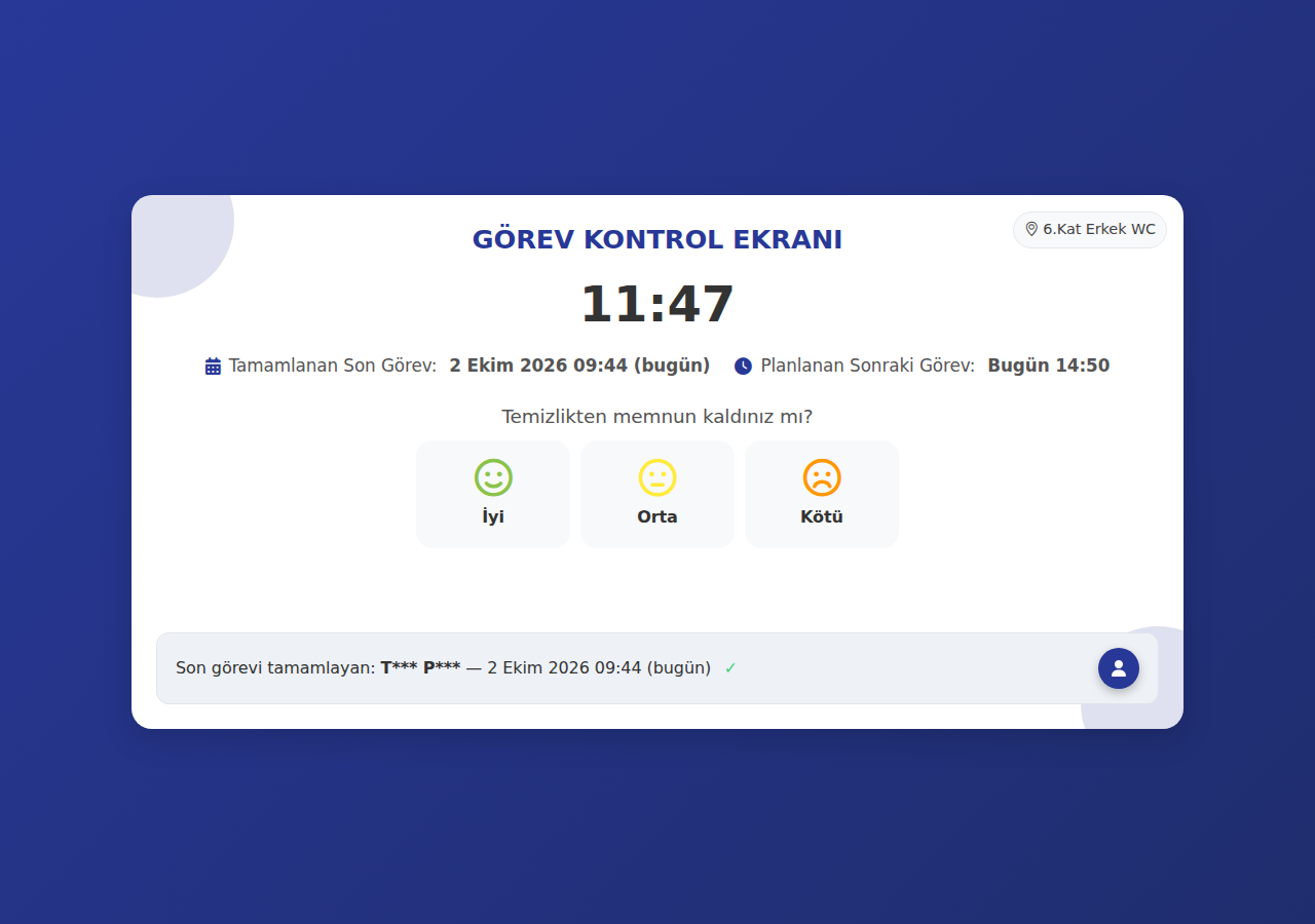 FMTracker herkese açık görev kontrol ekranı örneği: “6.Kat Erkek WC” konumu, saat, tamamlanan son görev ve planlanan sonraki görev zamanı, İyi / Orta / Kötü memnuniyet butonları ve son görevi tamamlayan kişinin maskelenmiş baş harfleri